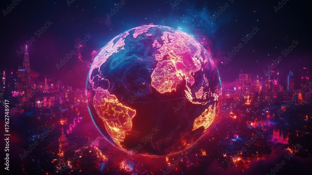 Obraz premium Earth hologram over futuristic city