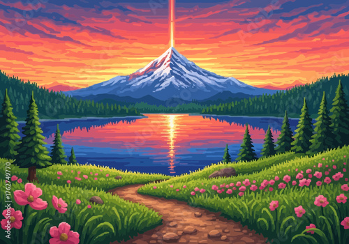 Illustration of pixel art landscape with a majestic snowcapped mountain reflecting in a serene lake, surrounded by lush green forests and a vibrant field of wildflowers under a dramatic sunset sky