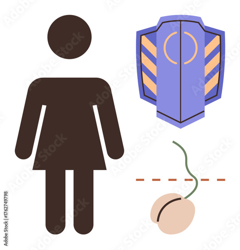 Female figure next to shield and severed sperm graphic. Ideal for reproductive health, family planning, contraception, womens rights, protection, gender equality, healthcare themes. Simple flat