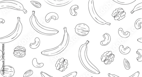 Outline Seamless Pattern with Hand-Drawn Bananas and Assorted Nuts