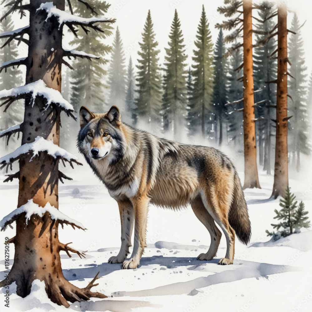 Obraz premium A watercolor illustration of a gray wolf standing in a snowy forest in Yellowstone National Park, pine trees dusted with snow.