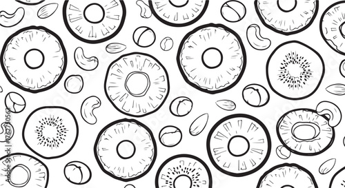 Hand-Drawn Monochromatic Pattern of Tropical Fruit Slices and Nuts