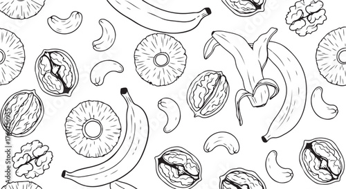 Hand Drawn Outline Seamless Pattern with Tropical Fruits and Nuts