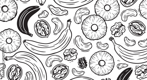Hand-drawn Tropical Fruits and Nuts Sketch Seamless Pattern Background