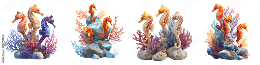 Obraz premium Charming seahorse clusters amidst vibrant corals, perfect for adding a touch of whimsical sea life to your designs and bringing the ocean's beauty to any project