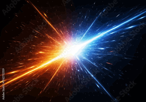 Illustration of explosion of light and energy, representing a powerful collision or burst of cosmic force, with vibrant orange and blue streaks against a dark, fragmented background