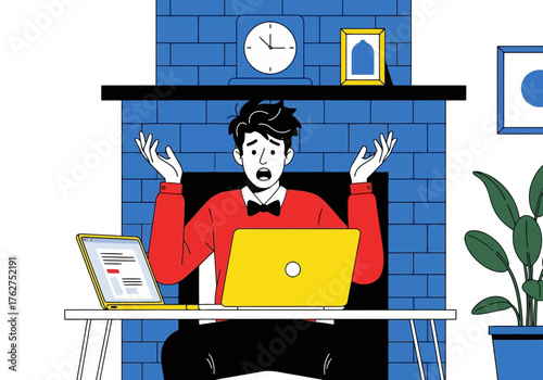 Illustration of a stressed man sitting at a desk with two laptops open, looking confused and overwhelmed with his hands up in the air