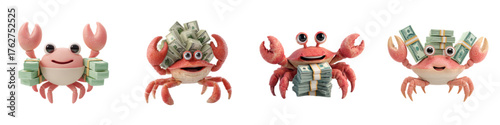 Delightful cartoon crabs embrace wealth with stacks of cash, offering a playful financial concept for business and investment, embodying success and prosperity