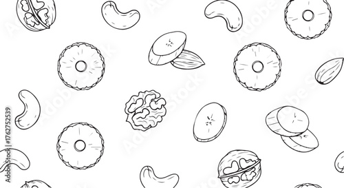 Hand-Drawn Outline Seamless Pattern of Nuts and Dried Fruits
