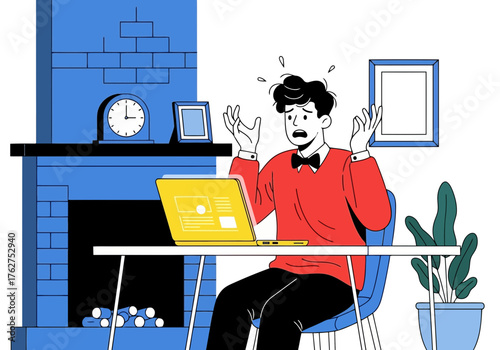 Illustration of frustrated man sitting at a desk with a laptop, overwhelmed by work or information, expressing stress and confusion with raised hands