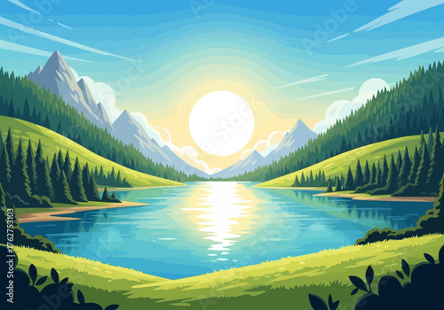 Illustration of pixel art landscape of a serene lake reflecting a bright sun between majestic mountains, with lush green hills and pine trees under a clear blue sky with wispy clouds