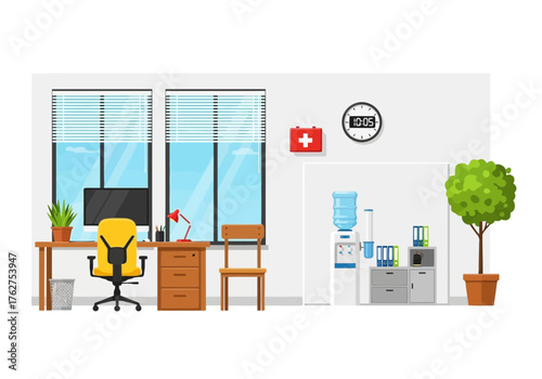 Illustration of modern office interior with desks, chairs, computer, water cooler, and plant, representing a workspace environment