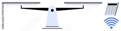 Traditional balance scale, calculator, and wireless signal representing technology integration, modern decision-making, value comparison, connectivity, justice, trade, productivity analysis simple