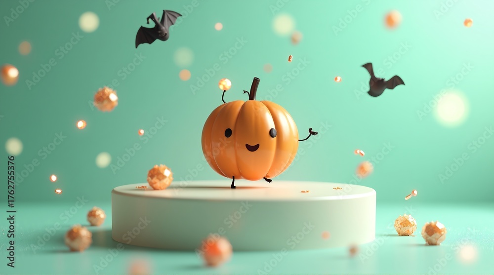 Fototapeta premium A cheerful, animated pumpkin stands on a pedestal, surrounded by playful bats and glowing orbs, creating a whimsical autumn scene.