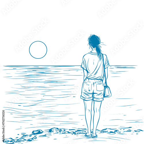 conceptual flat design vector of casual wear by the lakeshore at sunrise