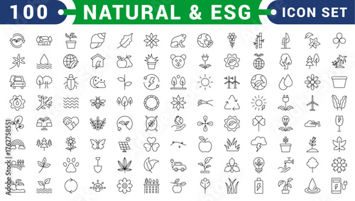 ESG line icon set. Outline icon collection related to ecology, environment social governance, risk management, sustainable developmen and more.