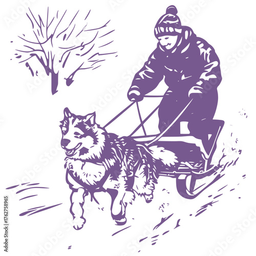 flat cartoon doodle vector illustration of winter dog sledding