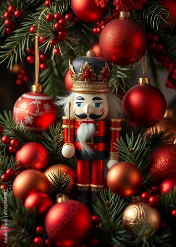 Festive christmas scene featuring a cheerful nutcracker surrounded by vibrant red and gold holiday ornaments and pine branches nutcrackers holiday  decoration christmas toy festive ornament
