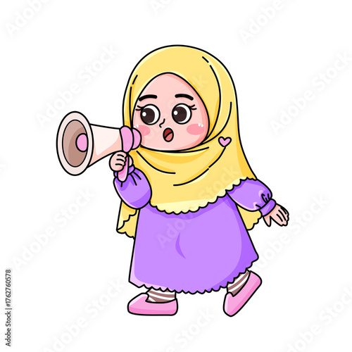 Cartoon girl in hijab with megaphone, announcing news.