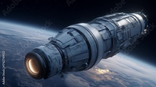 Sleek futuristic spacecraft with illuminated engine soaring above Earth. Concept of space exploration, advanced technology, and interstellar travel.