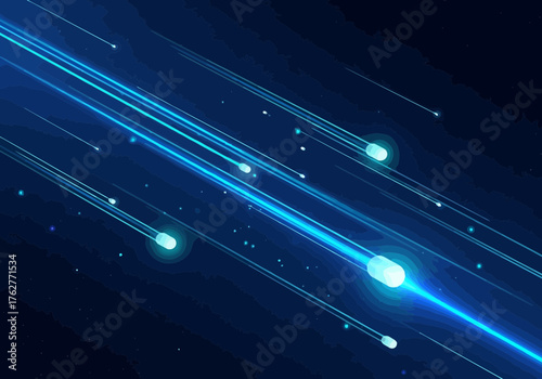 Illustration of abstract digital illustration of glowing blue light trails and particles moving rapidly across a dark, textured background, representing data transfer or speed