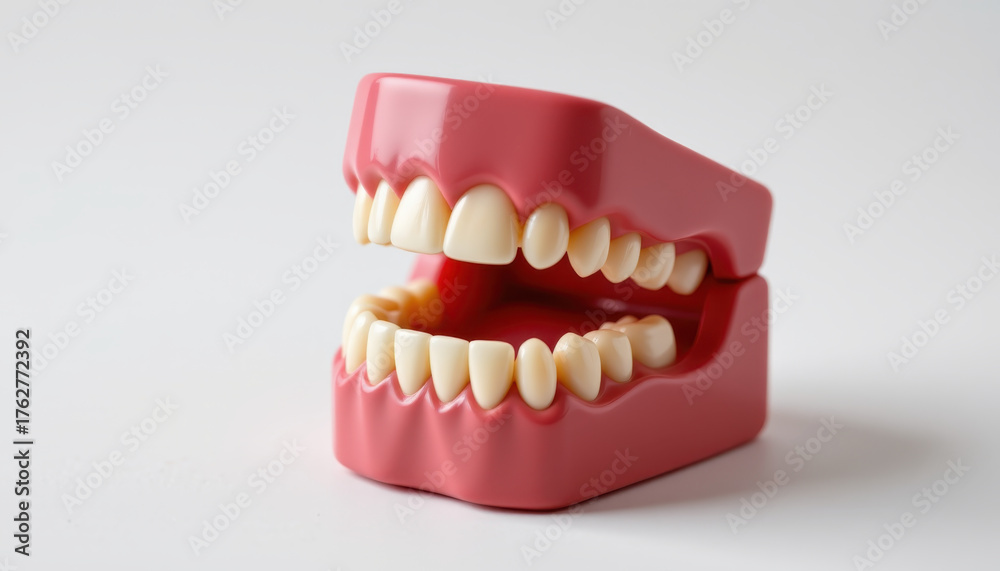 Obraz premium Vibrant artificial gum model showcases set of realistic teeth, emphasizing dental education and oral health. This model serves as engaging tool for learning about dental anatomy and hygiene