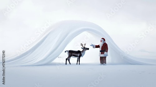 santa feeding reindeer claus and in magical winter wonderland