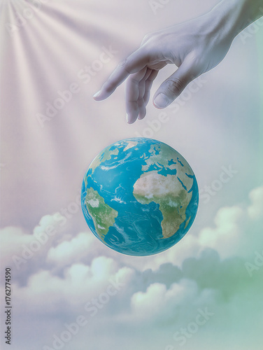 Gentle hand reaches toward earth above clouds, symbolizing care,hope and global unity