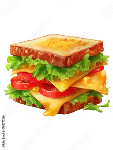 Hearty multi-layered sandwich with melted cheese lettuce and tomato on seeded bread graphic design