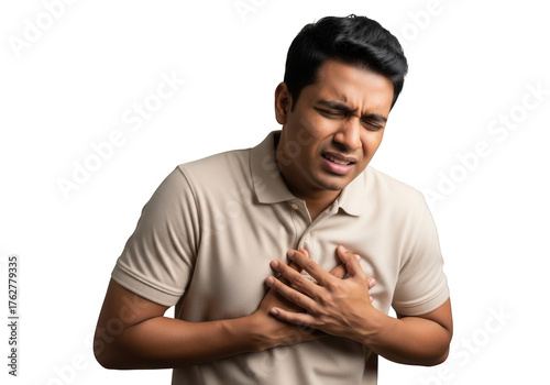 Man experiencing chest pain isolated on transparent background