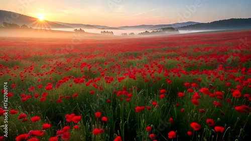 Vibrant poppy field at sunrise with misty hills in the background (1)