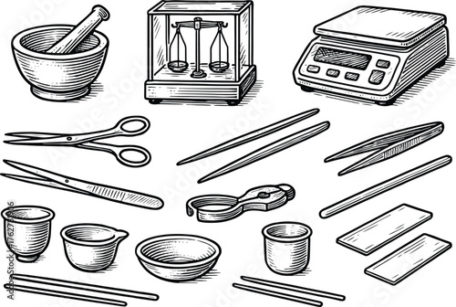 Hand drawn vintage illustration of laboratory equipment including balance, beakers, scissors, and scientific measuring tools on white background