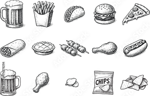 Hand drawn vintage illustration of fast food items including burger, pizza, fries, taco, chicken, hotdog and chips in sketch style