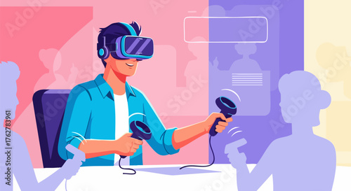 Man enjoys virtual reality experience with vr headset
