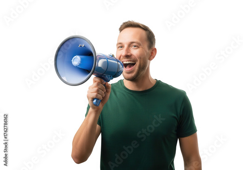Man shouting through megaphone loud voice communication and public announcement