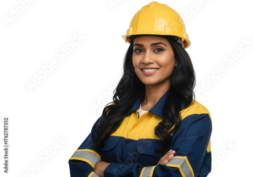 Female Engineer Construction Worker in Safety Helmet Uniform on transparent background