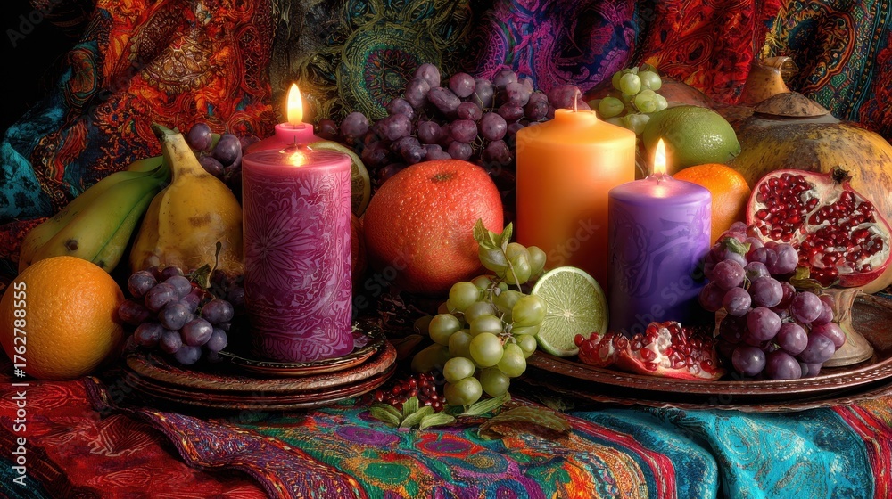 Obraz premium colorful festive arrangement with fruits and candles on vibrant fabric 