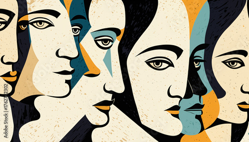 geometric abstract faces of women with contrasting colors and vintage texture
