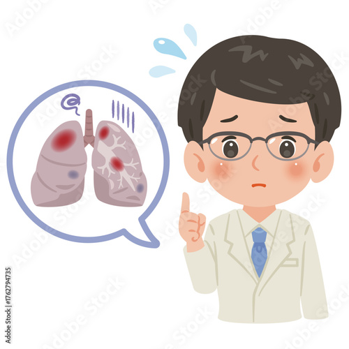 不健康な肺と白衣を着た男性医師　上半身イラスト／Unhealthy Lungs with Male Doctor in White Coat　upper body illustration