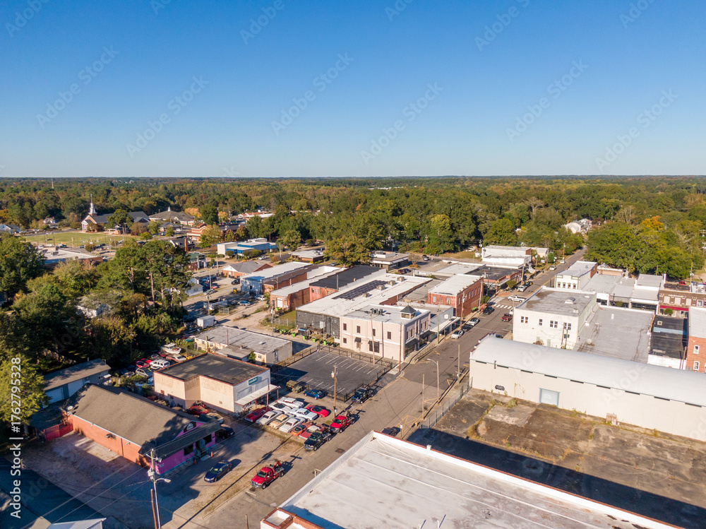 Fototapeta premium Sunny Daytime Aerial Drone Images of Downtown Zebulon North Carolina, and Surrounding Areas.