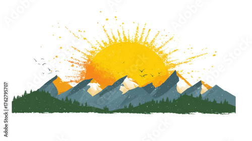 Vibrant Sunburst Over Snowy Mountain Range and Pine Forest Silhouette sunrise sunset