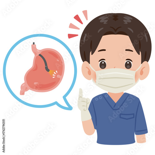胃カメラ検査を受ける胃とスクラブを着た男性医師　上半身イラスト／Stomach Undergoing Endoscopy with Male Doctor in Scrubs　upper body illustration