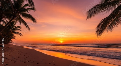 Tropical Beach Sunset with Palm Trees