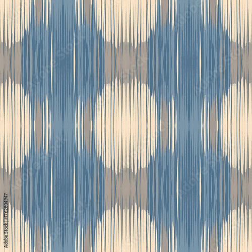 A seamless pattern featuring a textured ikat-inspired design with vertical lines in shades of blue, beige, and grey.