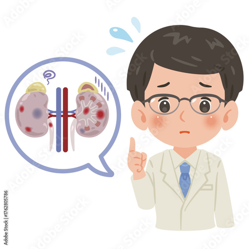 不健康な腎臓と白衣を着た男性医師　上半身イラスト／Unhealthy Kidney with Male Doctor in White Coat　upper body illustration