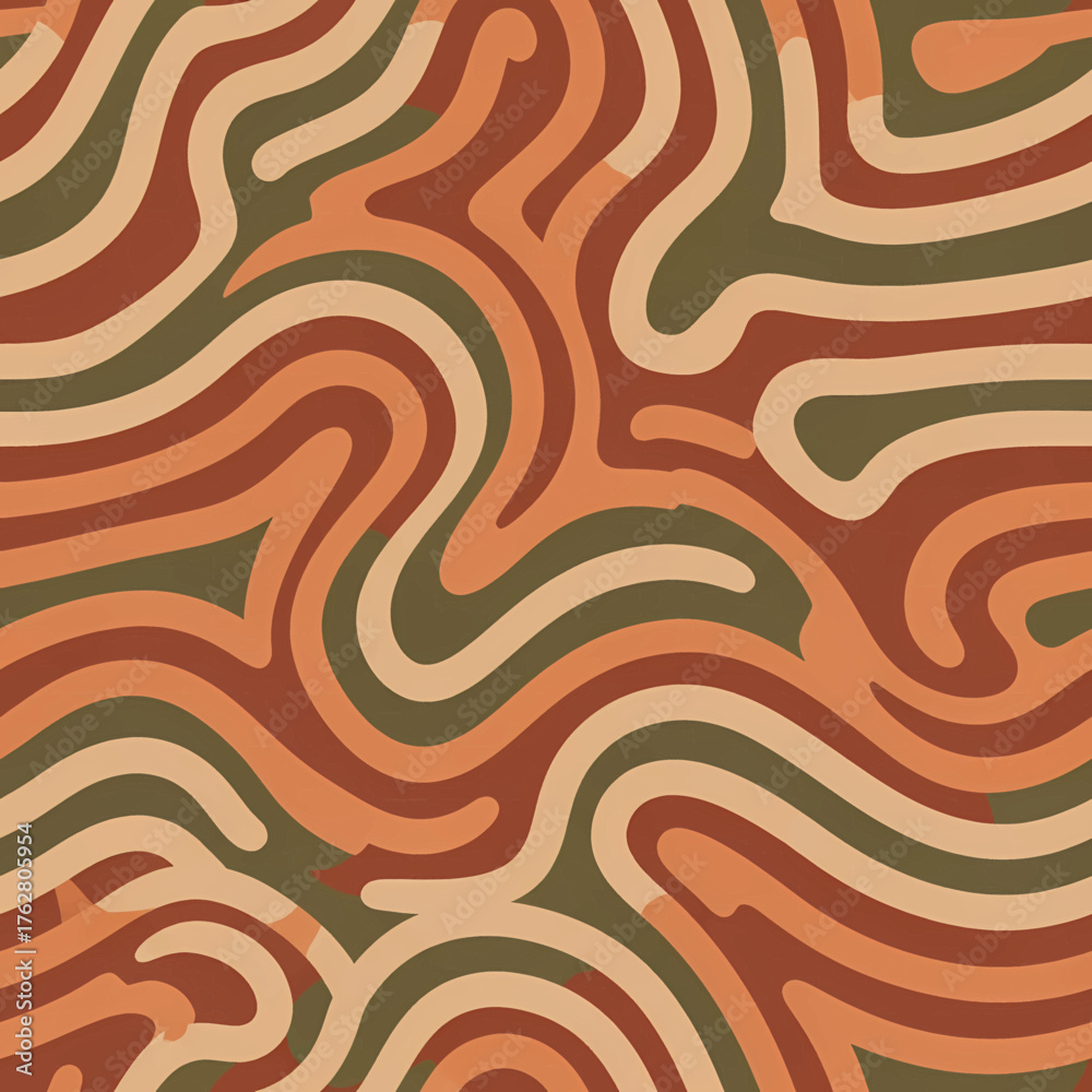 Fototapeta premium An abstract seamless pattern of flowing, wavy lines in a retro, earthy color palette of brown, orange, and green.