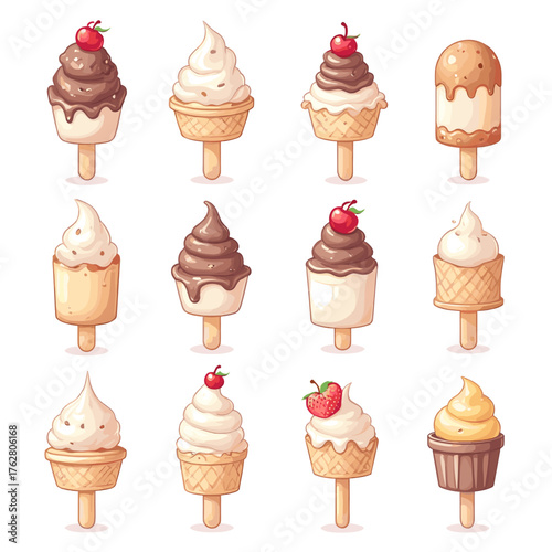 A collection of various cartoon ice cream treats on sticks, each with unique flavors and toppings.