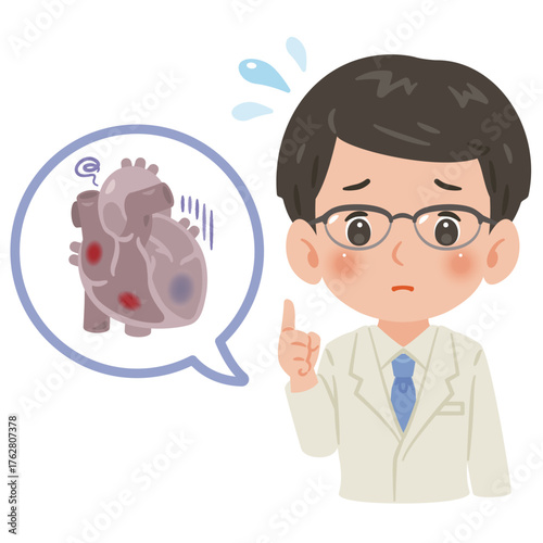 不健康な心臓と白衣を着た男性医師　上半身イラスト／Unhealthy Heart with Male Doctor in White Coat　upper body illustration