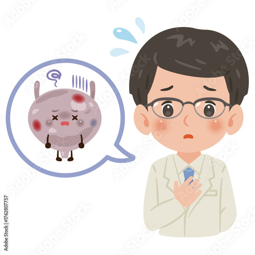 不健康な膀胱のキャラクターと白衣を着た男性医師　上半身イラスト／Unhealthy Bladder Character with Male Doctor in White Coat　upper body illustration