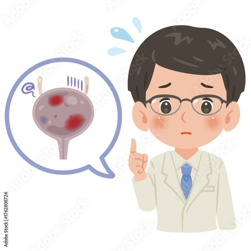 不健康な膀胱と白衣を着た男性医師　上半身イラスト／Unhealthy Bladder with Male Doctor in White Coat　upper body illustration